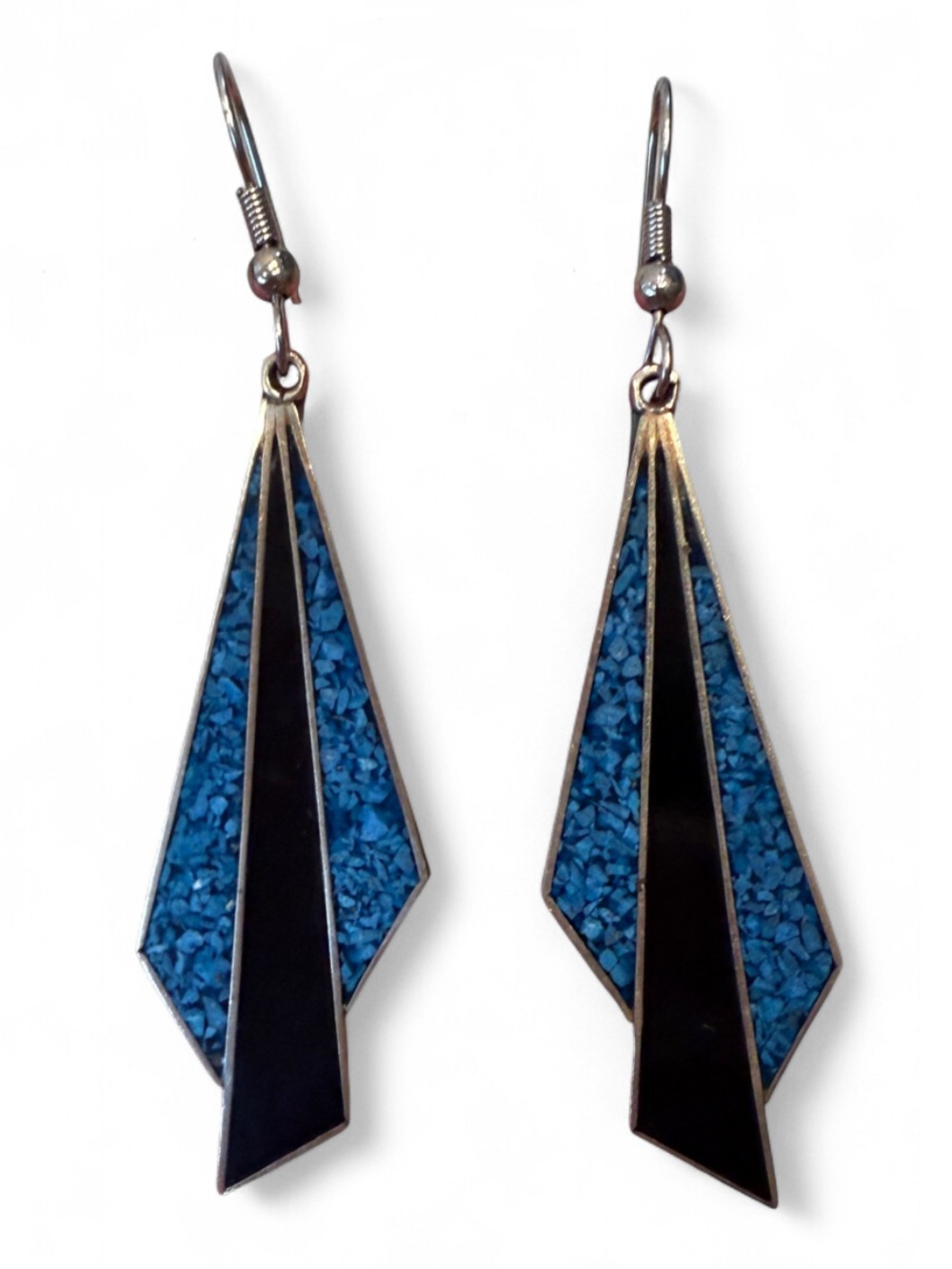 Vintage Alpaca Mexico Geometric Turquoise Black French Hook Earrings Silver